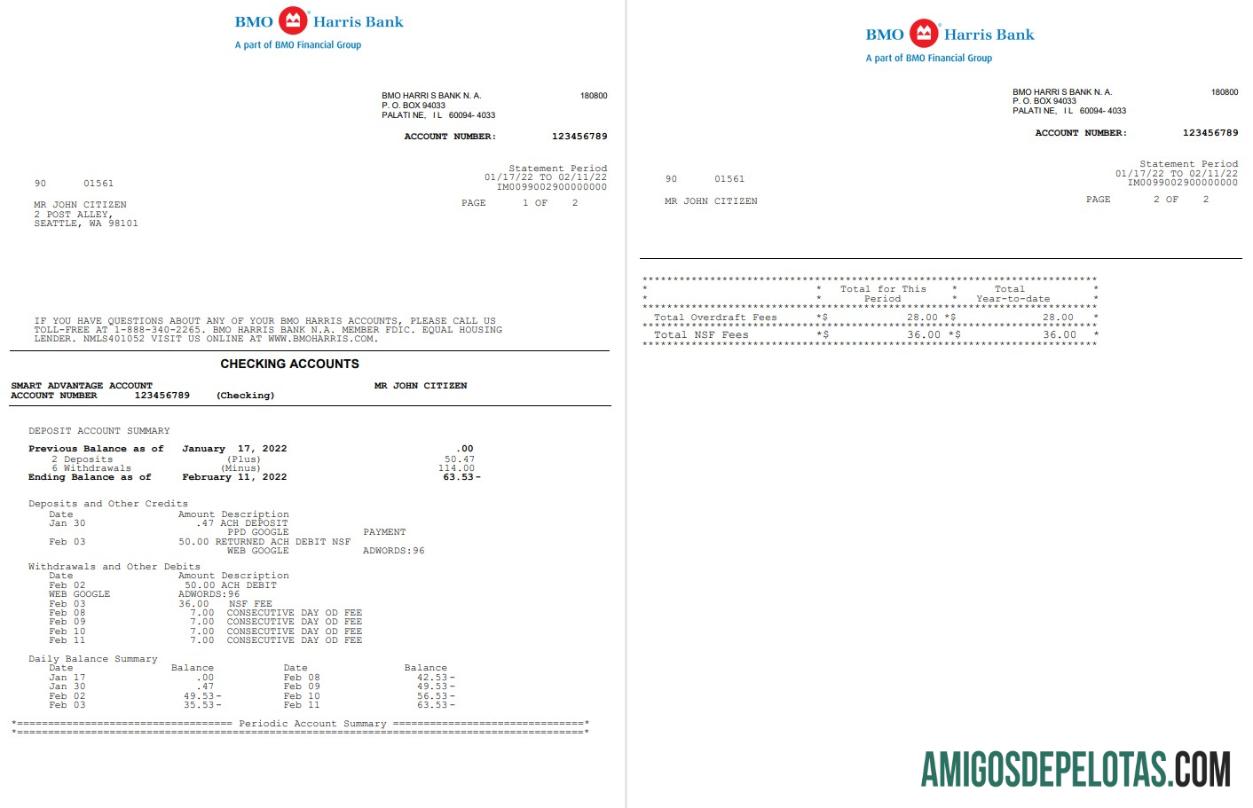 Extrato bancário BMO Harris dos EUA para download, modelo Word e PDF, 3 páginas